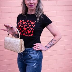 Red Hearts Pinup Rockabilly Black Women’s shirt by Whimsberry